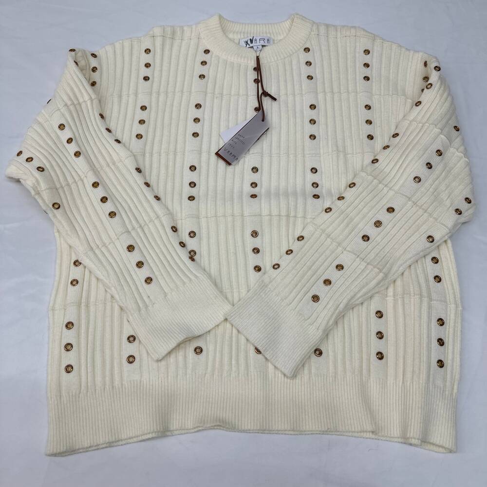Vaara VR622 Grommet Sweater Women Large Cream Ribbed Knit Gold Stud Pullover - Picture 1 of 6